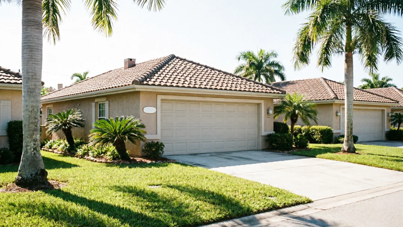 A beige house with a tiled roof and a beige garage door.