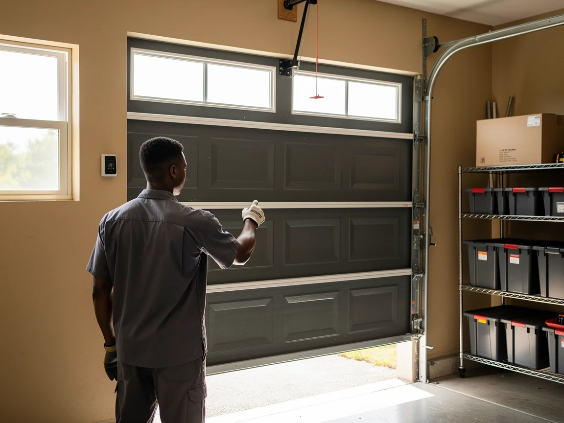 A technician in gloves operates a dark gray garage door with a remote.