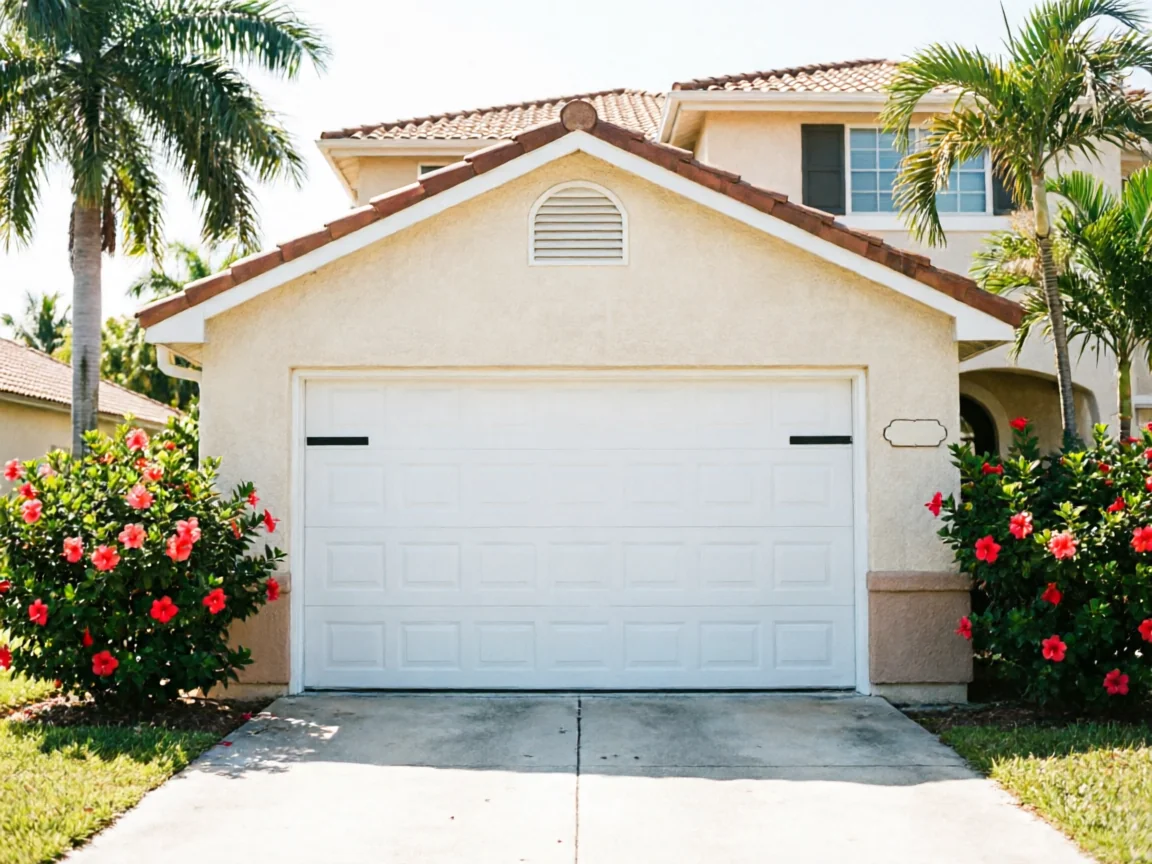 The house has a white garage door with decorative black handles and red hibiscus bushes.