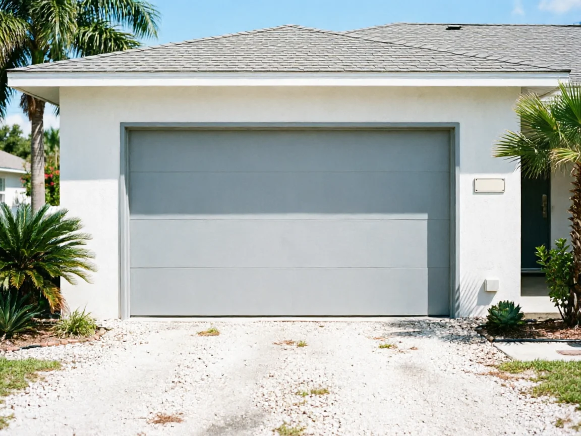 A light gray garage door is on a white house with a gravel driveway.